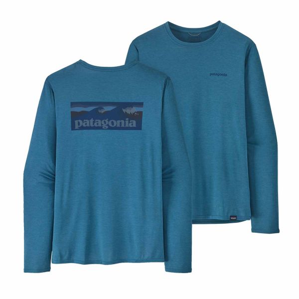 Patagonia Men's Long-Sleeved Capilene® Cool Daily Graphic Shirt Waters Boardshort Logo: Wavy Blue X-Dye