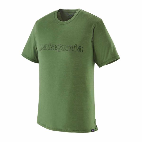 Patagonia Men's Capilene Cool Merino Graphic Shirt - Herren kurzarm Merinoshirt - Outline Text Logo: Terrain Green