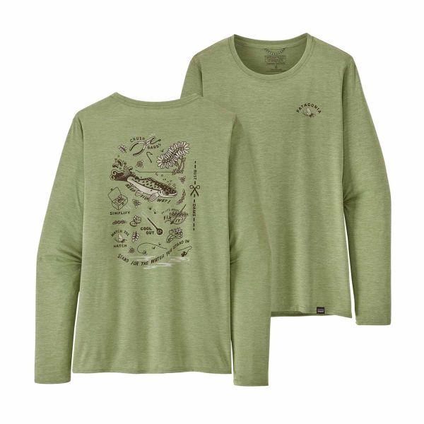 Patagonia Women's Long-Sleeved Capilene® Cool Daily Graphic Shirt Waters Action Angler: Salvia Green X-Dye